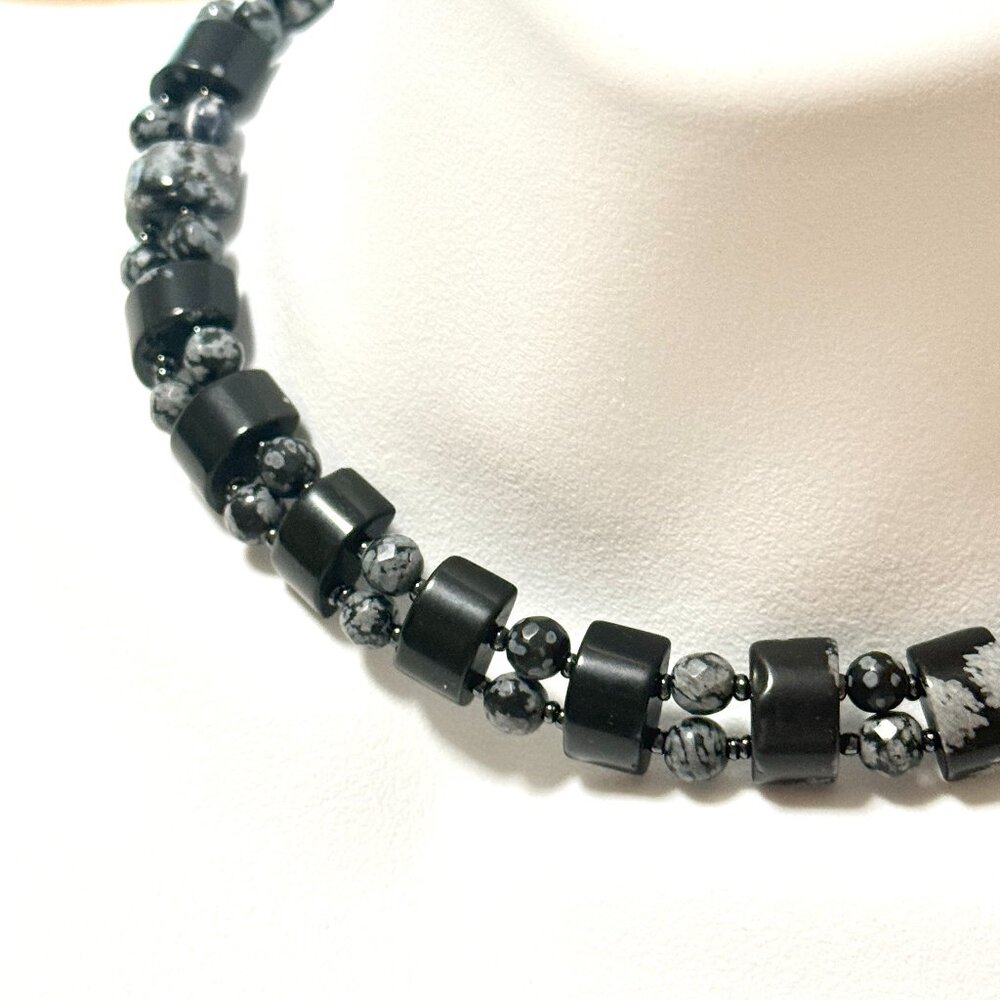 Genuine Snowflake Obsidian Adjustable Choker, Beaded Natural Gemstones